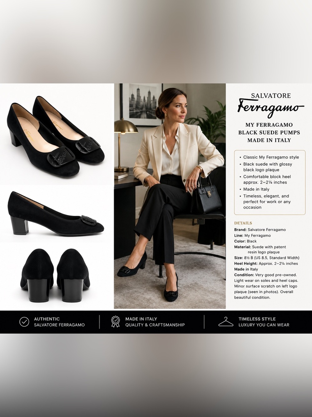 Salvatore Ferragamo My Ferragamo Black Suede Pumps – Size 8.5B – Made in Italy